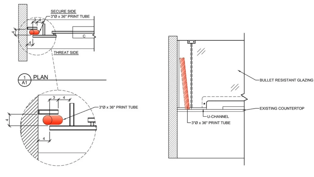 A blueprint for a security pass-through window equipped with a package passer to support business operations