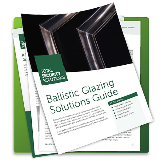 A graphic promoting TSS' ballistic glazing solutions guide for protection that goes beyond and complements traditional security measures like existing security cameras, delivering protection against powerful weapons from large to small firearms