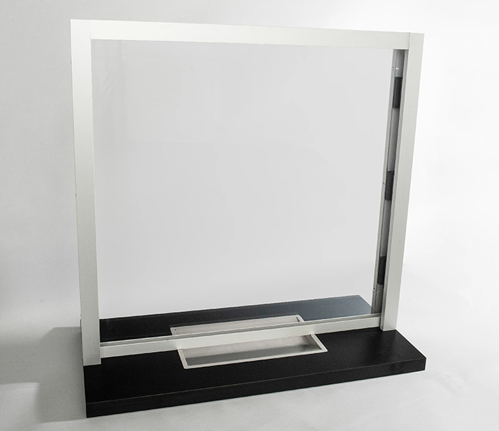 A natural voice rail transaction window in a specific thickness, length, and width and built with expert craftsmanship