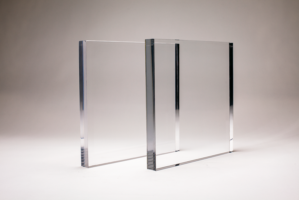 A photo showcasing bullet-resistant acrylic sheets from Total Security Solutions, which is available in UL Levels 1-2, but not as Level 3 ballistic glass