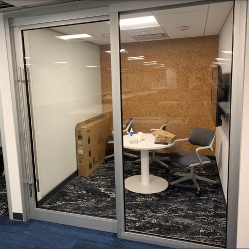 A safe room in a commercial building where existing drywall is replaced with ballistic drywall that's available in custom options