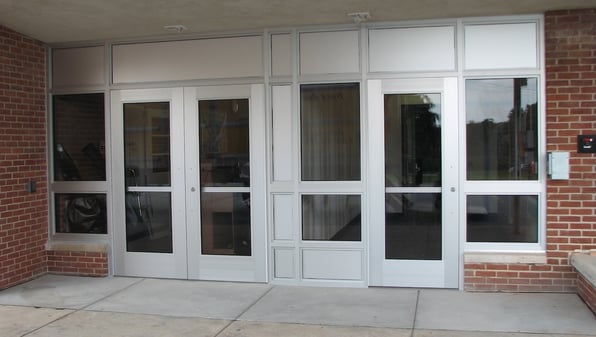 A main entrance of a building, a key area to protect as part of active shooter prevention.