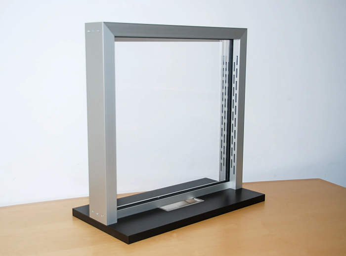 An aluminum voice around transaction window cut to size and highly resistant to ballistic impact to protect people