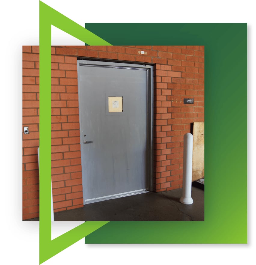 An example of a heavy-duty steel security door, which can be integrated with commercial access control systems in office buildings and other environments