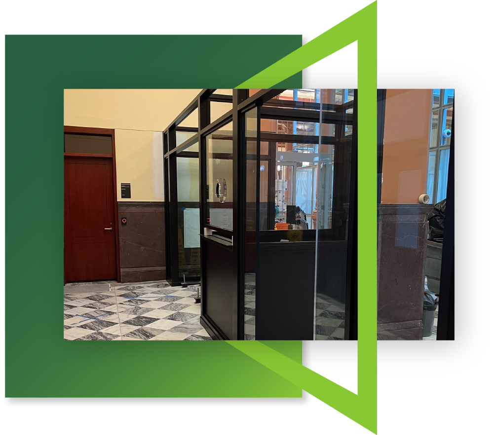 An example of polycarbonate bulletproof glass panels and security glass windows installed in a high-security building for comprehensive protection by Total Security Solutions