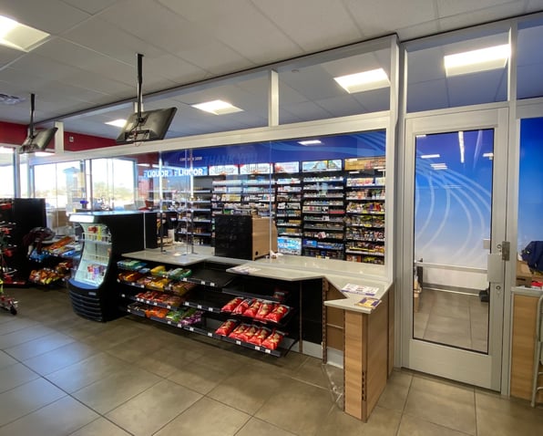 A convenience store using window film, sometimes inaccurately referred to as 