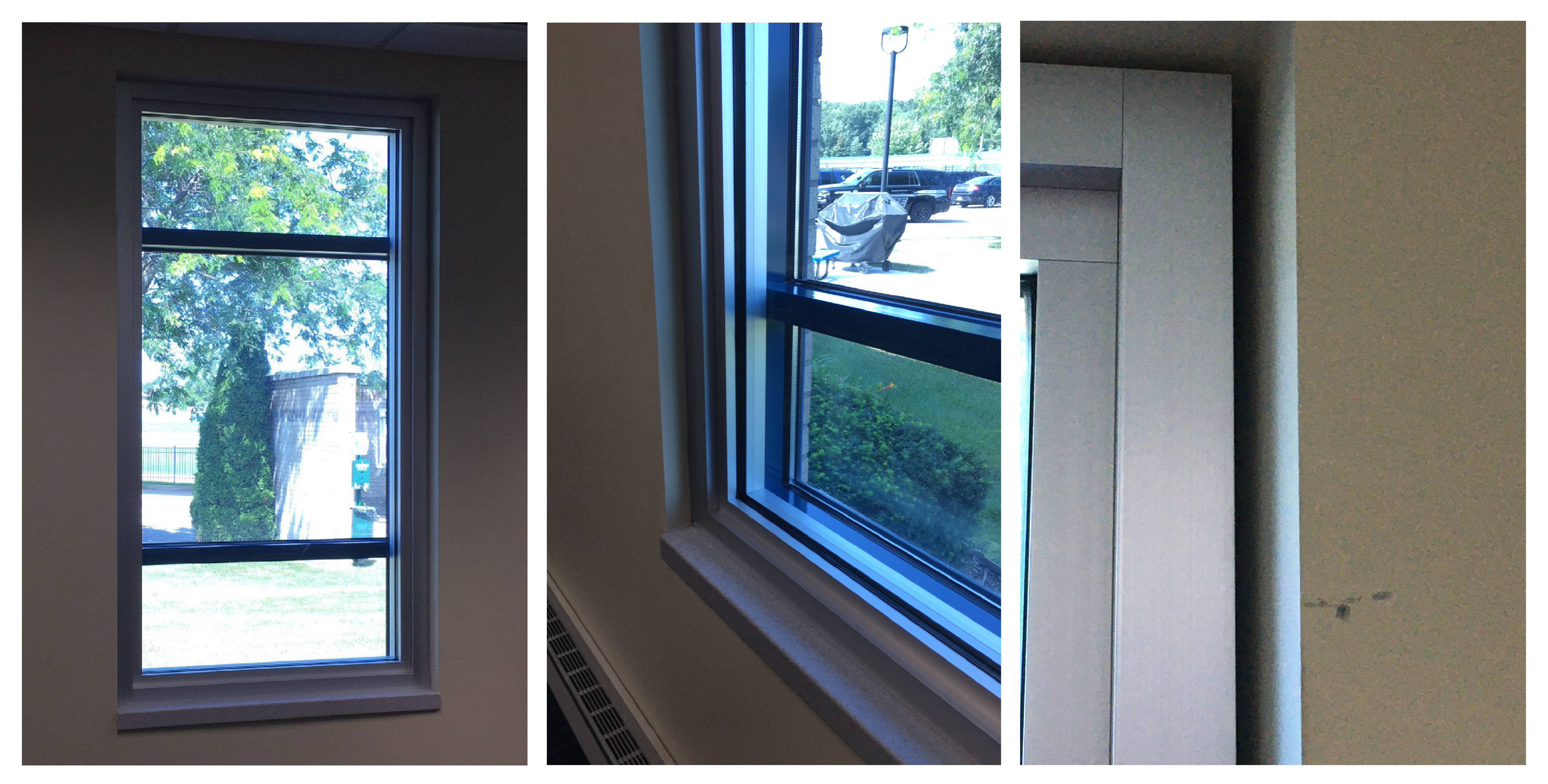 photo collage showing backglazing windows in a police station
