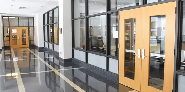 A custom bulletproof glass installation at a school district