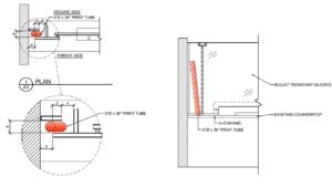 design drawing for offset plan pass-thru bulletproof windows in city building