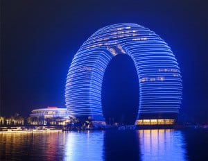 Blue Horseshoe Shaped Building in China